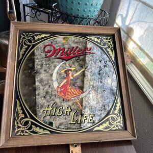 Miller High Life Bar Mirror Sign Vintage Girl on the Moon 1979  14” X 14”